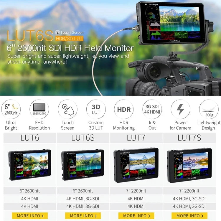 Moniteur de terrain FEELWORLD LUT6S 1920x1080 2600 nits 6 pouces IPS Écran tactile HDMI 4K SDI HDI, LUT6S