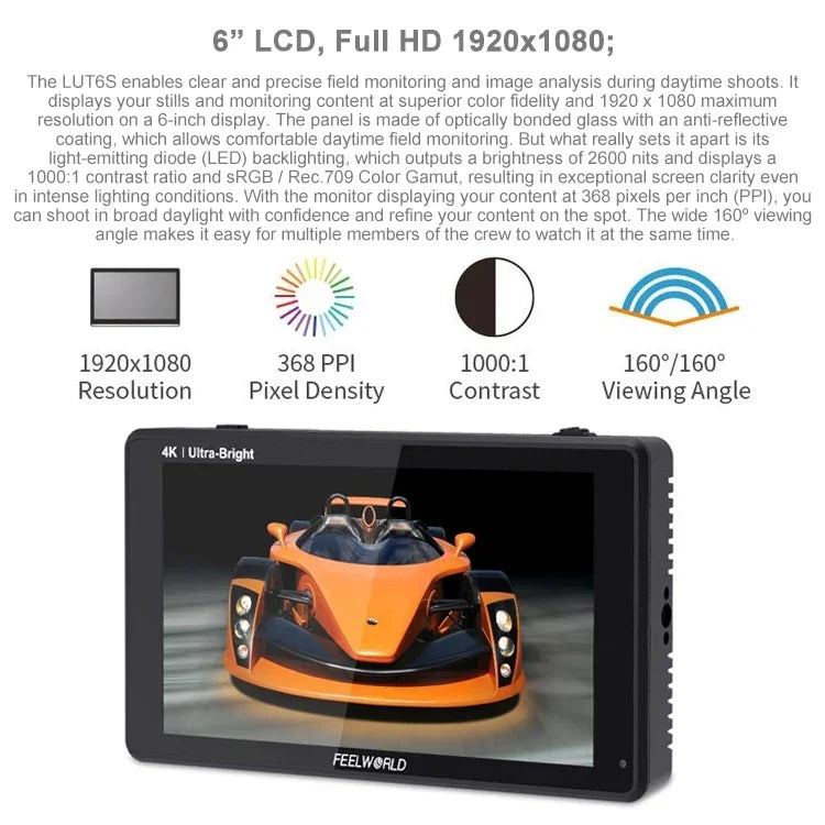Moniteur de terrain FEELWORLD LUT6S 1920x1080 2600 nits 6 pouces IPS Écran tactile HDMI 4K SDI HDI, LUT6S