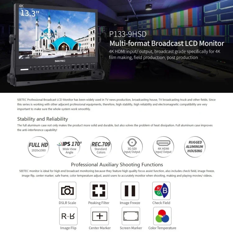 Moniteur de terrain SEETEC P133-9HSD 1920x1080 13,3 pouces Full HD de qualité broadcast pour caméras de cinéma et de médias, P133-9HSD