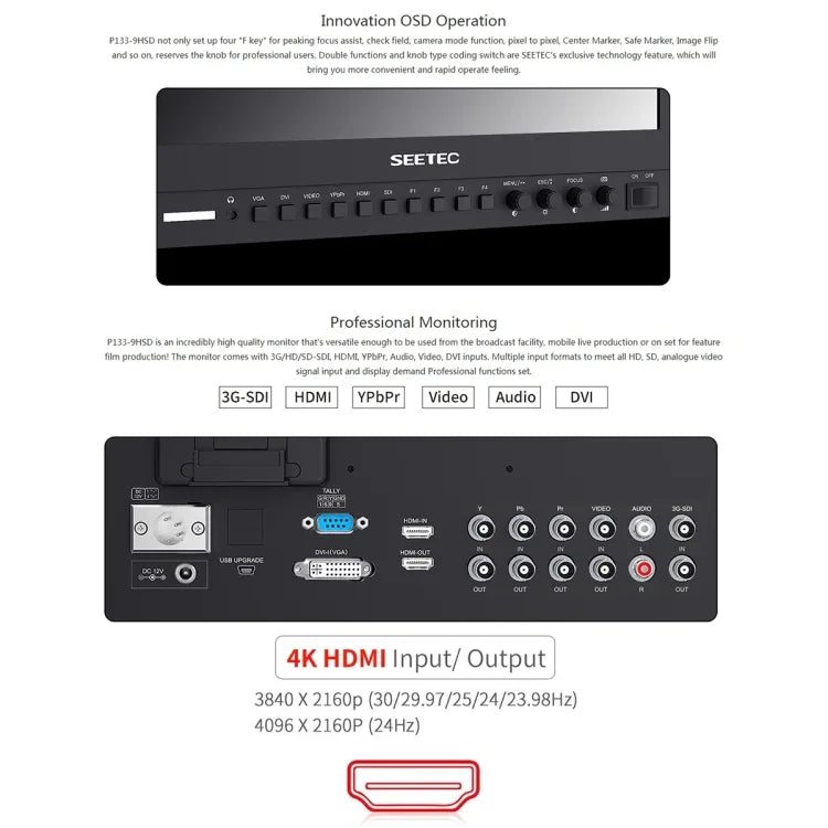 Moniteur de terrain SEETEC P133-9HSD 1920x1080 13,3 pouces Full HD de qualité broadcast pour caméras de cinéma et de médias, P133-9HSD