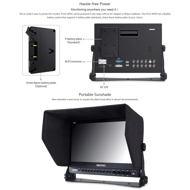 Moniteur de terrain SEETEC P133-9HSD 1920x1080 13,3 pouces Full HD de qualité broadcast pour caméras de cinéma et de médias, P133-9HSD