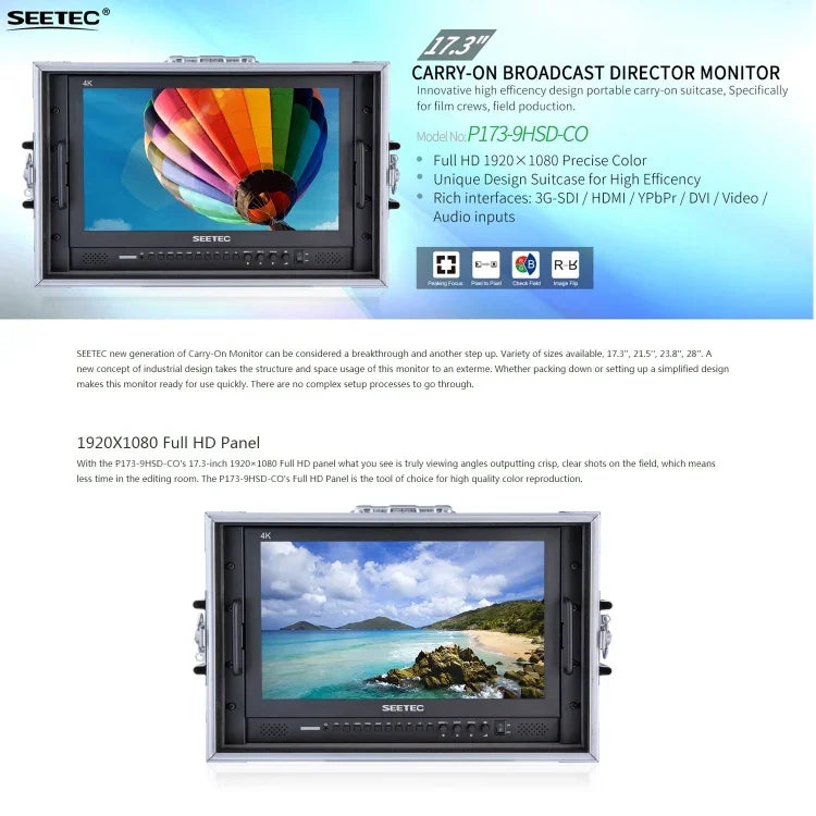 Moniteur de terrain professionnel SEETEC P173-9HSD-CO 1920x1080 17,3 pouces SDI / HDMI 4K de qualité broadcast pour caméra de photographie, P173-9HSD-CO