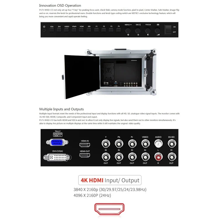Moniteur de terrain professionnel SEETEC P173-9HSD-CO 1920x1080 17,3 pouces SDI / HDMI 4K de qualité broadcast pour caméra de photographie, P173-9HSD-CO