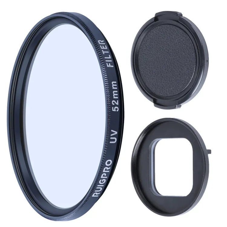 Filtre UV professionnel RUIGPRO 52 mm pour GoPro HERO10 Black / HERO9 Black, avec bague d'adaptation et bouchon d'objectif.