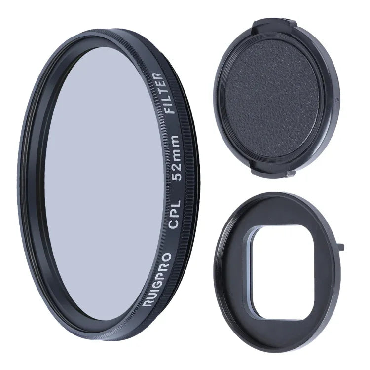 Filtre CPL professionnel RUIGPRO 52 mm pour GoPro HERO10 Black / HERO9 Black, avec bague d'adaptation et bouchon d'objectif.