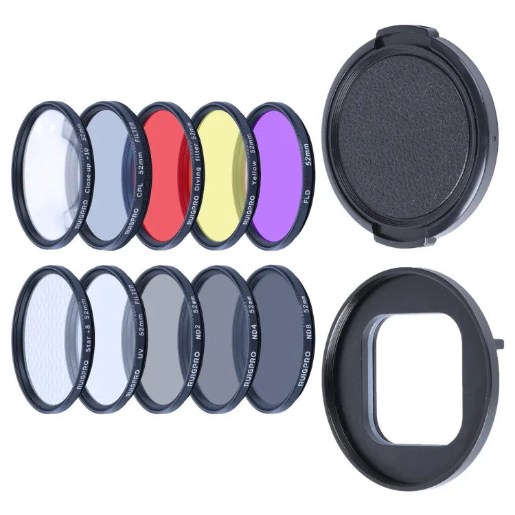 Filtre RUIGPRO 10 en 1 pour GoPro HERO10 Black / HERO9 Black Professional 52 mm (UV + ND2 + ND4 + ND8 + Star 8 + CPL + Jaune/Rouge/Violet + Gros plan 10x) avec bague d'adaptation et bouchon d'objectif.