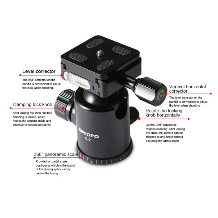 Trépied portable réglable en fibre de carbone TRIOPO T259G+Q2 avec rotule Q-2 pour appareil photo reflex, T259G+Q2