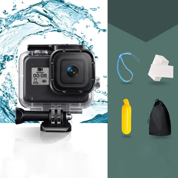 Boîtier de protection étanche 45 m pour GoPro HERO8 Black avec boucle, fixation basique, vis, poignée flottante, dragonne et inserts antibuée, étui transparent pour HERO8