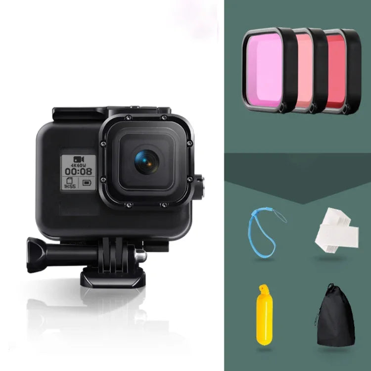 Boîtier de protection étanche 45 m pour GoPro HERO8 Black avec boucle, fixation de base, vis, filtres (violet, rouge, rose), poignée flottante, dragonne et inserts antibuée, boîtier transparent HERO8 + filtres.