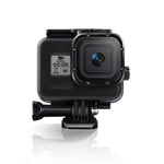 Boîtier de protection étanche 45 m pour GoPro HERO8 Black avec boucle, fixation de base, vis, filtres (violet, rouge, rose), poignée flottante, dragonne et inserts antibuée, boîtier transparent HERO8 + filtres.