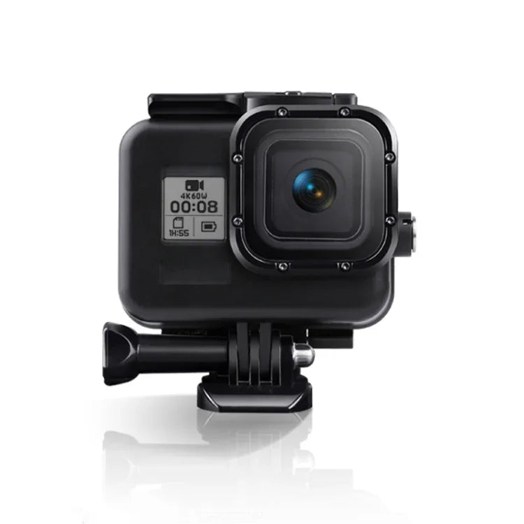 Boîtier de protection étanche 45 m pour GoPro HERO8 Black avec boucle, fixation de base, vis, filtres (violet, rouge, rose), poignée flottante, dragonne et inserts antibuée, boîtier transparent HERO8 + filtres.