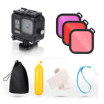 Boîtier de protection étanche 45 m pour GoPro HERO8 Black avec boucle, fixation de base, vis, filtres (violet, rouge, rose), poignée flottante, dragonne et inserts antibuée, boîtier transparent HERO8 + filtres.