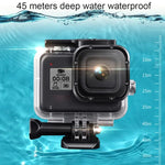 Boîtier de protection étanche 45 m pour GoPro HERO8 Black avec boucle, fixation de base, vis, filtres (violet, rouge, rose), poignée flottante, dragonne et inserts antibuée, boîtier transparent HERO8 + filtres.
