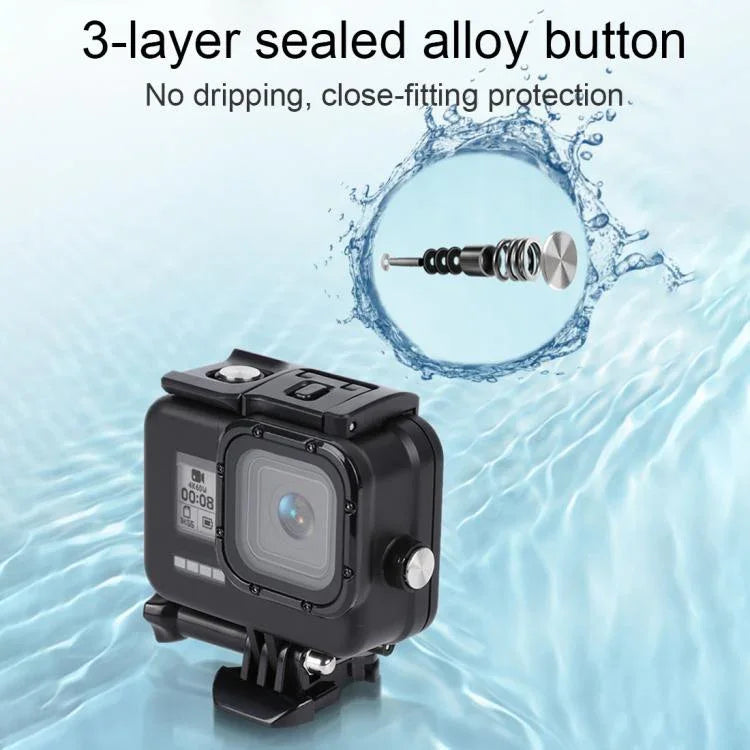 Boîtier de protection étanche 45 m pour GoPro HERO8 Black avec boucle, fixation de base, vis, filtres (violet, rouge, rose), poignée flottante, dragonne et inserts antibuée, boîtier transparent HERO8 + filtres.