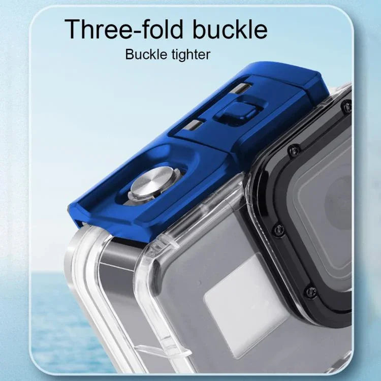 Boîtier de protection étanche 45 m pour GoPro HERO8 Black avec boucle, fixation de base, vis, filtres (violet, rouge, rose), poignée flottante, dragonne et inserts antibuée, boîtier transparent HERO8 + filtres.