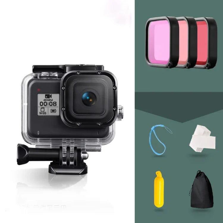 Boîtier de protection étanche 45 m pour GoPro HERO8 Black avec boucle, fixation de base, vis, filtres (violet, rouge, rose), poignée flottante, dragonne et inserts antibuée. Boîtier HERO8 noir + filtres.