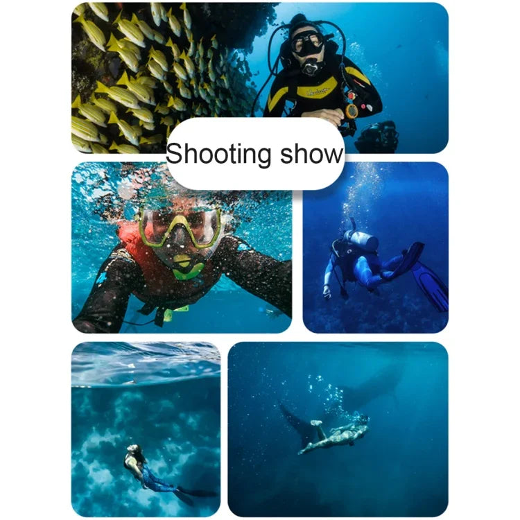 Boîtier de protection étanche 45 m pour GoPro HERO8 Black avec boucle, fixation de base, vis, filtres (violet, rouge, rose), poignée flottante, dragonne et inserts antibuée. Boîtier HERO8 noir + filtres.