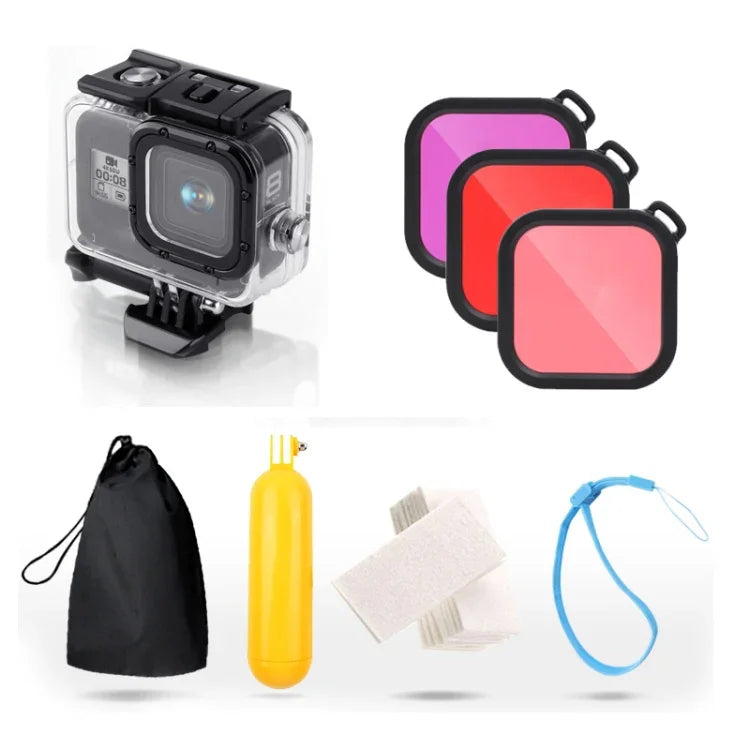 Boîtier de protection étanche 45 m pour GoPro HERO8 Black avec boucle, fixation de base, vis, filtres (violet, rouge, rose), poignée flottante, dragonne et inserts antibuée. Boîtier HERO8 noir + filtres.