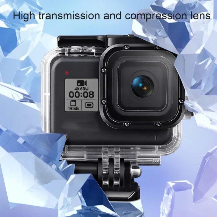 Boîtier de protection étanche 45 m pour GoPro HERO8 Black avec boucle, fixation de base, vis, filtres (violet, rouge, rose), poignée flottante, dragonne et inserts antibuée. Boîtier HERO8 noir + filtres.