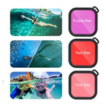 Boîtier de protection étanche 45 m pour GoPro HERO8 Black avec boucle, fixation de base, vis, filtres (violet, rouge, rose), poignée flottante, dragonne et inserts antibuée. Boîtier HERO8 noir + filtres.