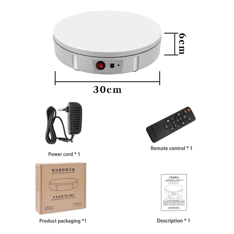 Plateau tournant électrique de 30 cm avec support d'affichage, accessoire de prise de vue vidéo et photographique, charge maximale : 100 kg, prise américaine, 30 cm.