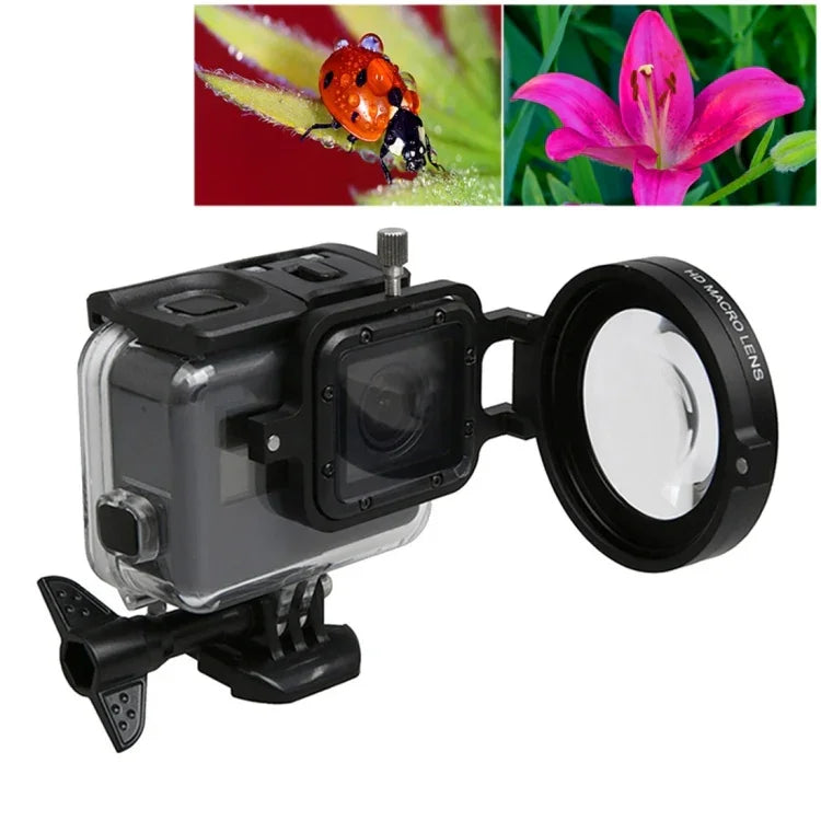 Objectif macro professionnel 58 mm x16 pour caméra d'action GoPro HERO5 Sport, filtre macro, base d'objectif, bague d'adaptation, capuchon de protection, dragonne anti-perte et chiffon de nettoyage inclus.