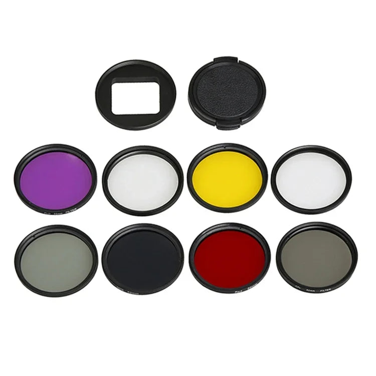 Filtres d'objectif professionnels 52 mm pour caméra d'action sportive GoPro HERO5 (CPL + UV + ND8 + ND2 + Star 8 + Rouge + Jaune + FLD/Violet) et bague d'adaptation pour boîtier étanche, 10 en 1