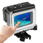 Boîtier de protection étanche 30 m en PC et ABS pour GoPro HERO5 + coque arrière tactile avec fixation basique à boucle et vis longue, dimensions de la coque arrière : 7 x 6 cm.