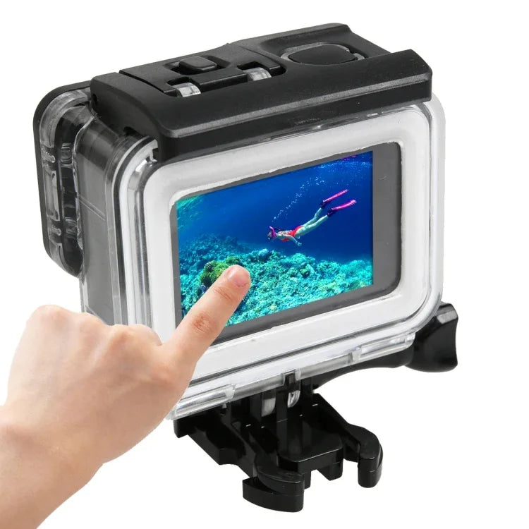 Boîtier de protection étanche 30 m en PC et ABS pour GoPro HERO5 + coque arrière tactile avec fixation basique à boucle et vis longue, dimensions de la coque arrière : 7 x 6 cm.