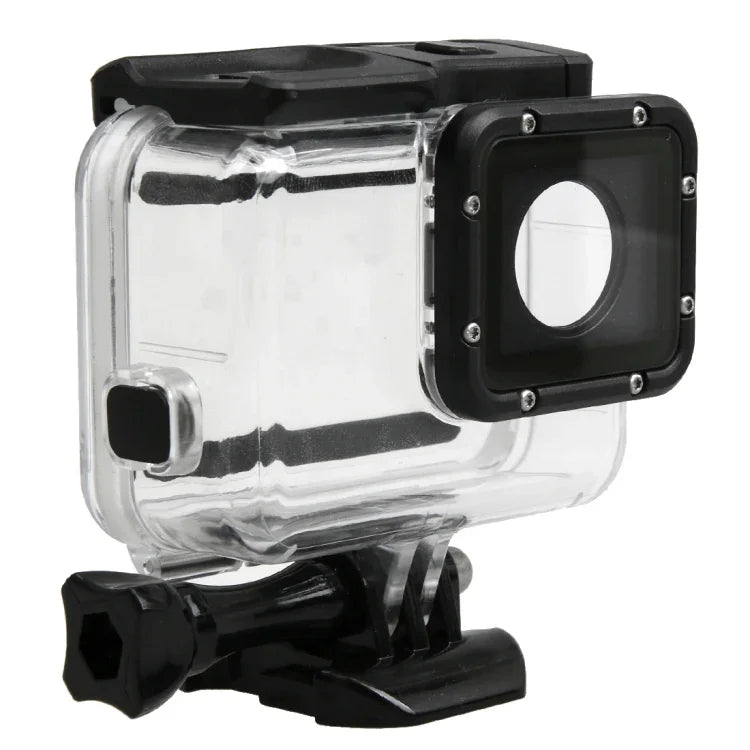 Boîtier de protection étanche 30 m en PC et ABS pour GoPro HERO5 + coque arrière tactile avec fixation basique à boucle et vis longue, dimensions de la coque arrière : 7 x 6 cm.