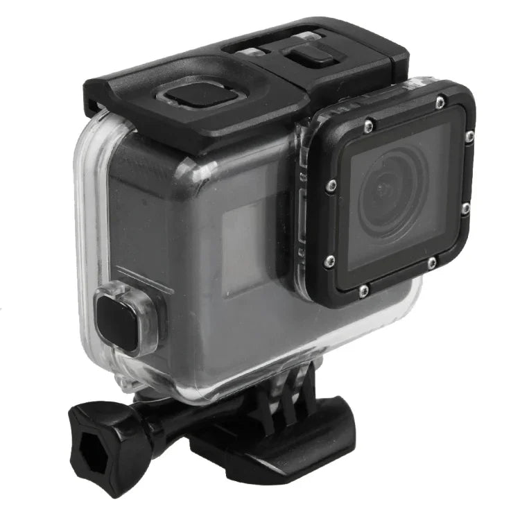 Boîtier de protection étanche 30 m en PC et ABS pour GoPro HERO5 + coque arrière tactile avec fixation basique à boucle et vis longue, dimensions de la coque arrière : 7 x 6 cm.