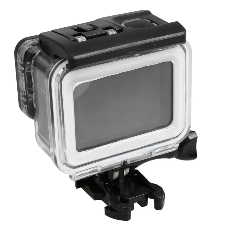Boîtier de protection étanche 30 m en PC et ABS pour GoPro HERO5 + coque arrière tactile avec fixation basique à boucle et vis longue, dimensions de la coque arrière : 7 x 6 cm.