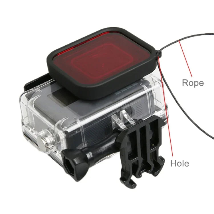 Boîtier de protection étanche 30 m en PC et ABS pour GoPro HERO5 + filtre rouge quadrant pour objectif avec boucle, fixation basique, vis longue et dragonne anti-perte.