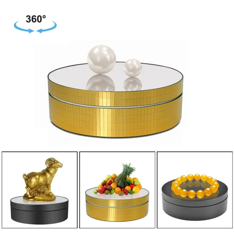 Plateau tournant électrique de 12 cm avec miroir rotatif à 360°, support d'affichage, accessoire de prise de vue vidéo, charge maximale : 3 kg, paillettes dorées et argentées.