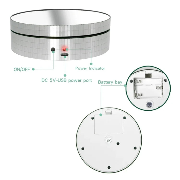 Plateau tournant électrique de 12 cm avec miroir rotatif à 360°, support d'affichage, accessoire de prise de vue vidéo, charge maximale : 3 kg, paillettes dorées et argentées.