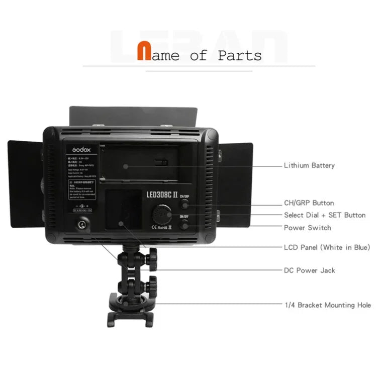 Godox LED308C II, lampe de photographie à intensité variable de 308 LED, 860 lux, éclairage professionnel pour vlogging, vidéo et studio photo, compatible avec les appareils photo reflex numériques Canon/Nikon.