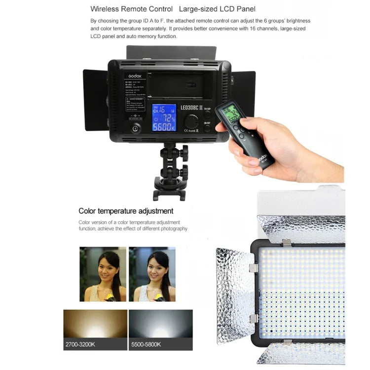 Godox LED308C II, lampe de photographie à intensité variable de 308 LED, 860 lux, éclairage professionnel pour vlogging, vidéo et studio photo, compatible avec les appareils photo reflex numériques Canon/Nikon.