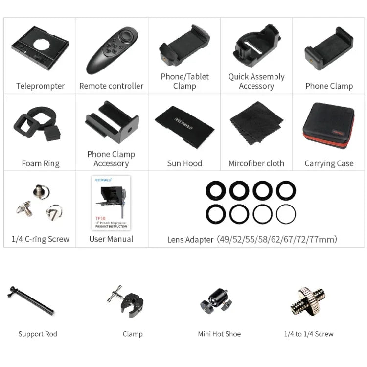 Téléprompteur pliable portable FEELWORLD TP10 de 10 pouces avec télécommande et bague d'adaptation d'objectif pour smartphones/tablettes de moins de 10 pouces, TP10