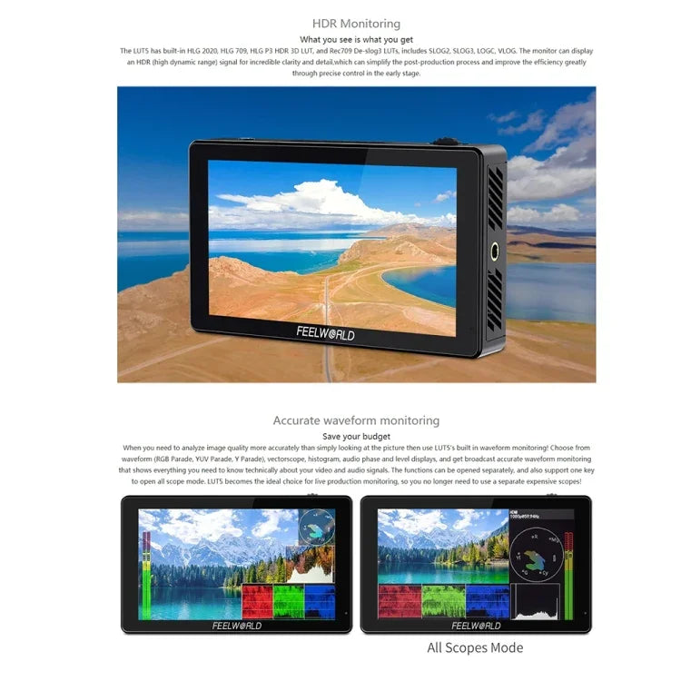 Moniteur de terrain pour appareil photo reflex numérique FEELWORLD LUT5, écran tactile ultra-lumineux de 5,5 pouces (3 000 nits), LUT5