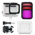 Boîtier étanche 45 m + coque arrière pour écran tactile pour GoPro NEW HERO /HERO6 /5, avec boucle de montage de base et vis et filtres (violet, rouge, rose), pas besoin de retirer l'objectif, écran tactile + filtres (transparent)