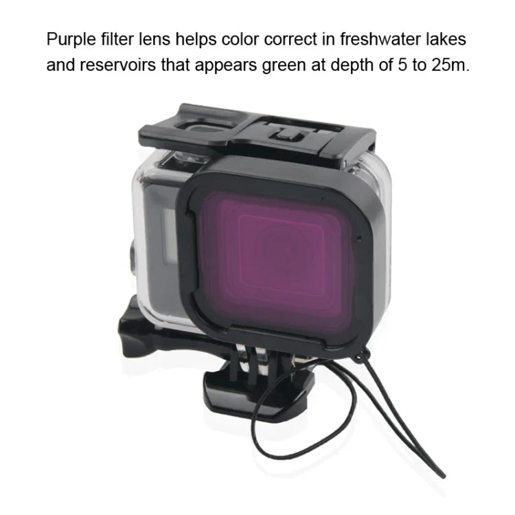Boîtier étanche 45 m + coque arrière pour écran tactile pour GoPro NEW HERO /HERO6 /5, avec boucle de montage de base et vis et filtres (violet, rouge, rose), pas besoin de retirer l'objectif, écran tactile + filtres (transparent)