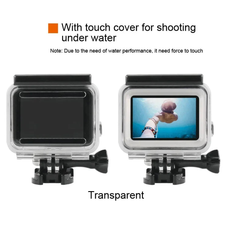 Boîtier étanche 45 m + coque arrière pour écran tactile pour GoPro NEW HERO /HERO6 /5, avec boucle de montage de base et vis et filtres (violet, rouge, rose), pas besoin de retirer l'objectif, écran tactile + filtres (transparent)