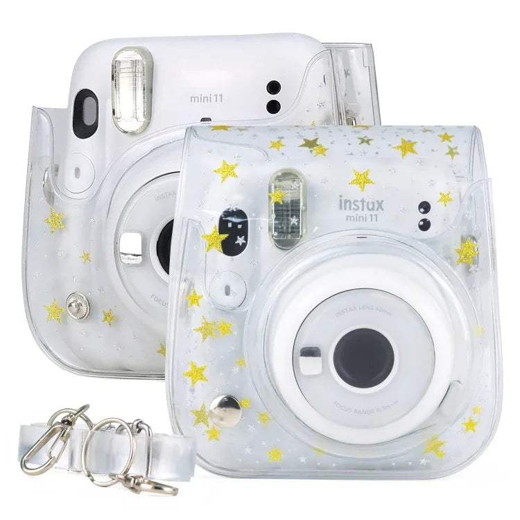 Étui rigide transparent en PVC transparent avec bandoulière pour appareil photo FUJIFILM Instax Mini 11, motif étoiles et cristaux.