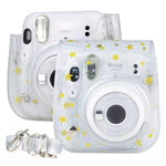 Étui rigide transparent en PVC transparent avec bandoulière pour appareil photo FUJIFILM Instax Mini 11, motif étoiles et cristaux.