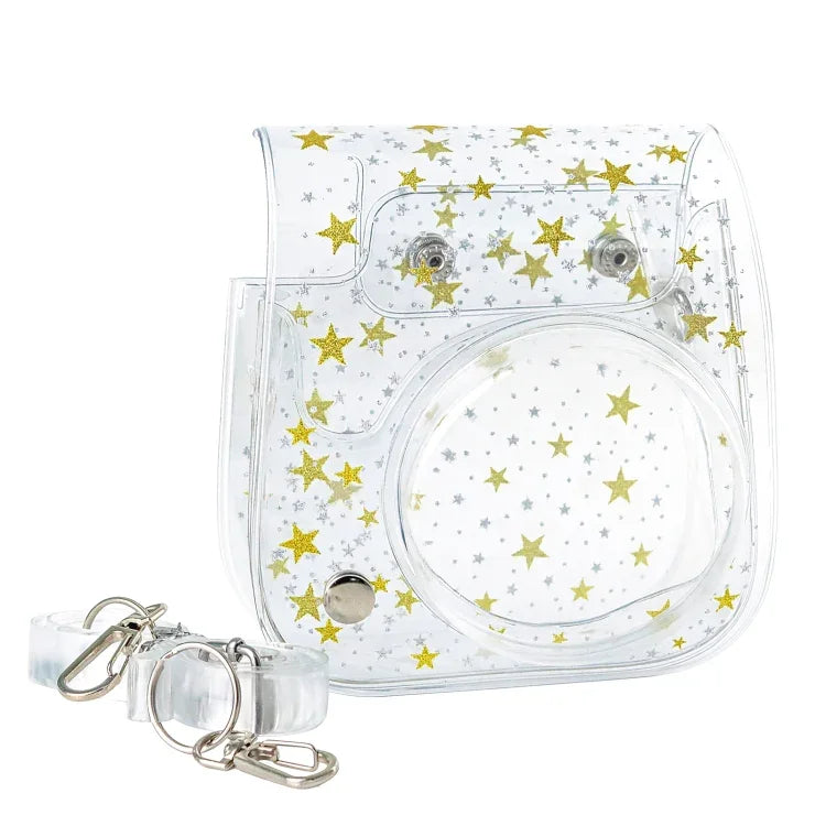 Étui rigide transparent en PVC transparent avec bandoulière pour appareil photo FUJIFILM Instax Mini 11, motif étoiles et cristaux.