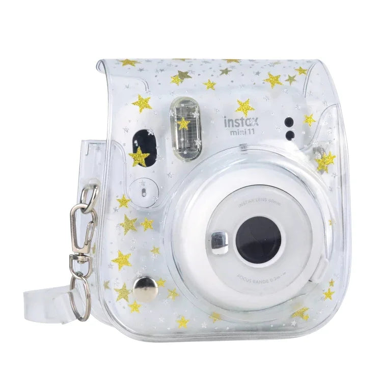 Étui rigide transparent en PVC transparent avec bandoulière pour appareil photo FUJIFILM Instax Mini 11, motif étoiles et cristaux.