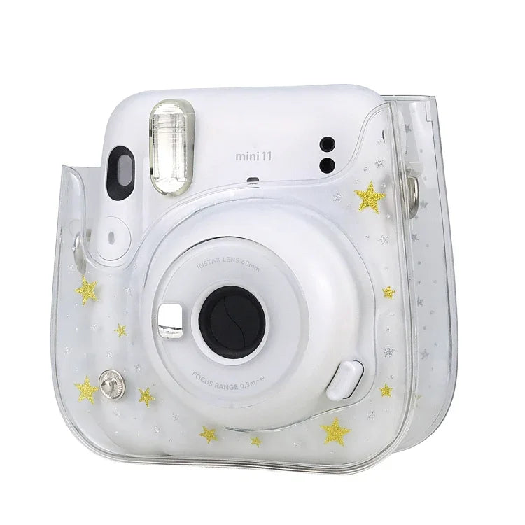 Étui rigide transparent en PVC transparent avec bandoulière pour appareil photo FUJIFILM Instax Mini 11, motif étoiles et cristaux.