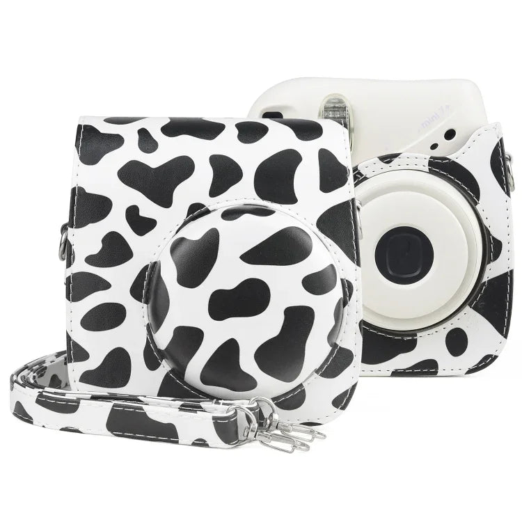Étui en cuir PU Milk Cow pour appareil photo FUJIFILM instax mini 7+ avec bandoulière, motif vache laitière