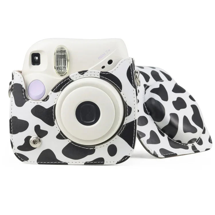Étui en cuir PU Milk Cow pour appareil photo FUJIFILM instax mini 7+ avec bandoulière, motif vache laitière