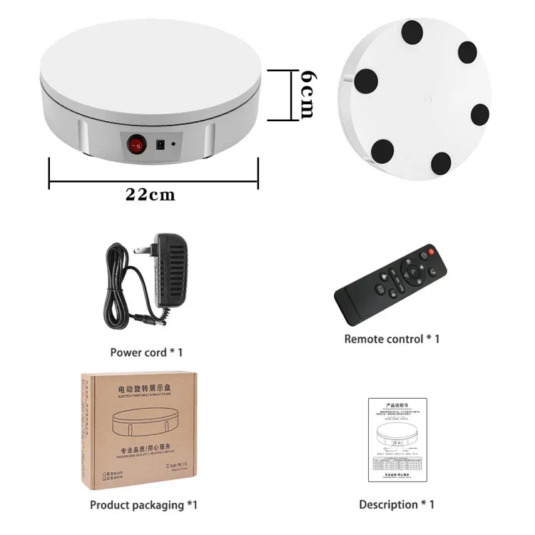Plateau tournant électrique de 22 cm pour accessoires de tournage vidéo, charge maximale : 50 kg, prise européenne, 22 cm, prise européenne